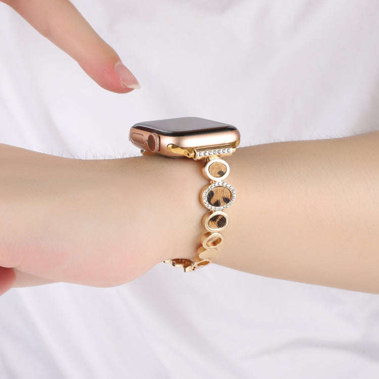 For Apple Watch Series 9 41mm Leopard Rhinestones Metal Chain Watch Band(Gold)