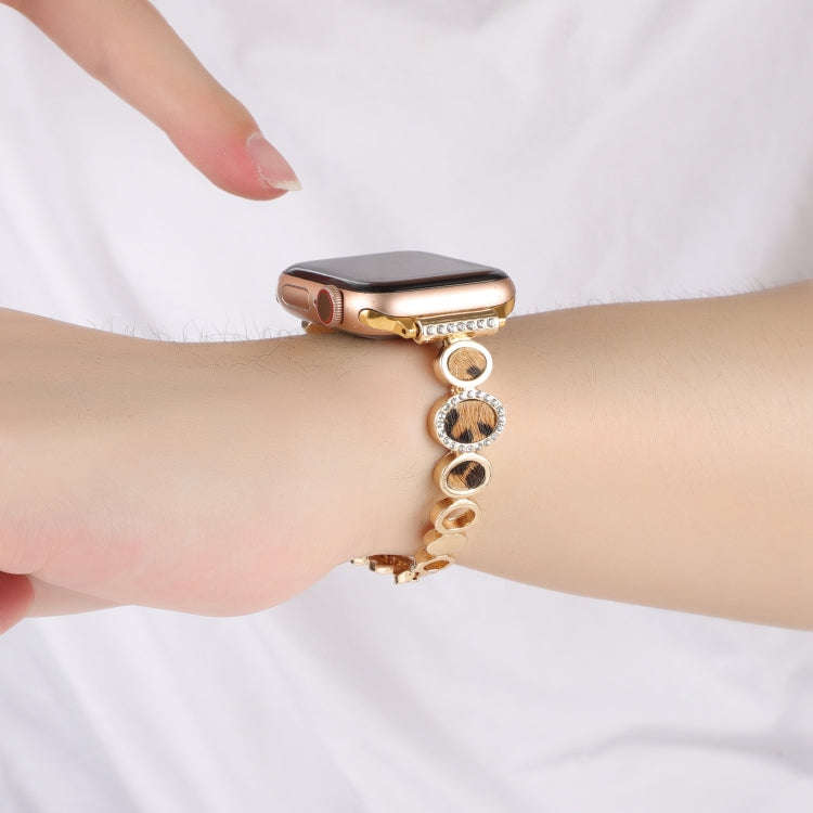 For Apple Watch SE 40mm Leopard Rhinestones Metal Chain Watch Band(Gold)