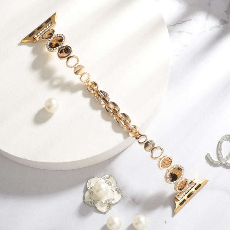 For Apple Watch SE 44mm Leopard Rhinestones Metal Chain Watch Band(Gold)