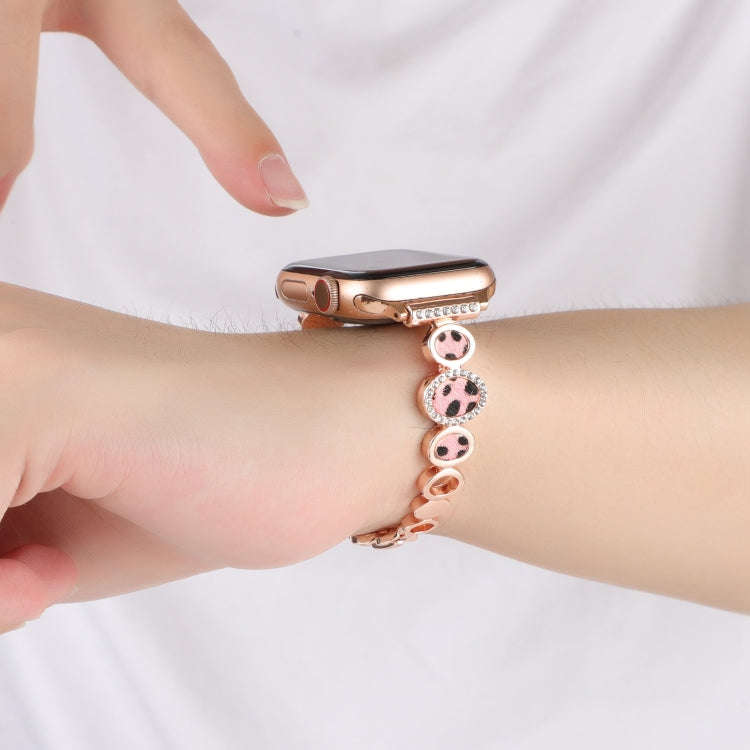 For Apple Watch 38mm Leopard Rhinestones Metal Chain Watch Band(Rose Gold)
