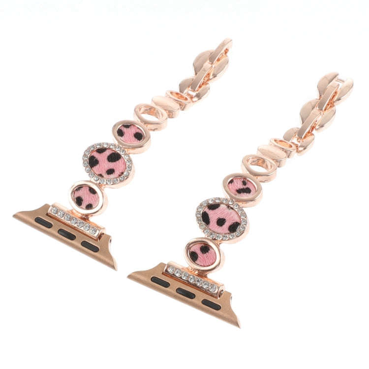 For Apple Watch 38mm Leopard Rhinestones Metal Chain Watch Band(Rose Gold)