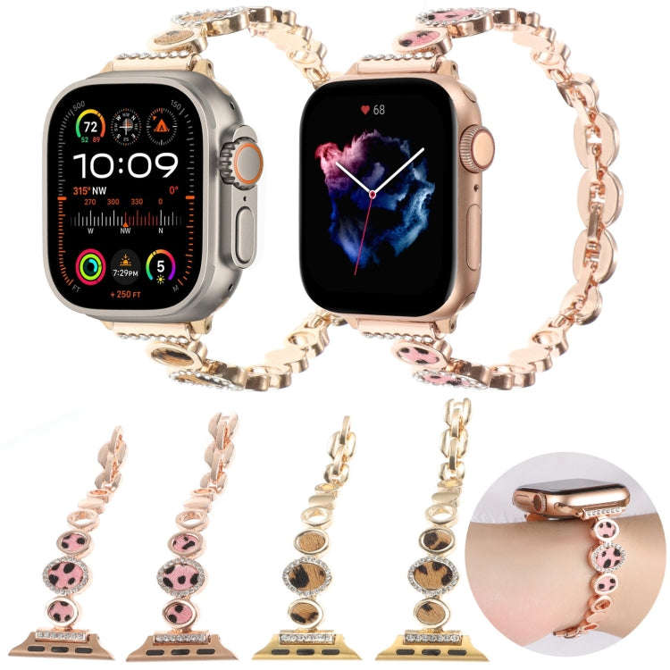 For Apple Watch SE 44mm Leopard Rhinestones Metal Chain Watch Band(Gold)
