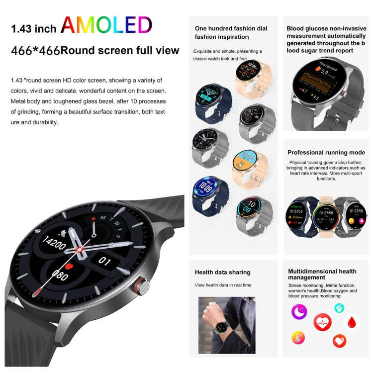 YK02 1.43 inch AMOLED Screen Smart Watch, BT Call / Heart Rate / Blood Pressure / Blood Oxygen(Blue)