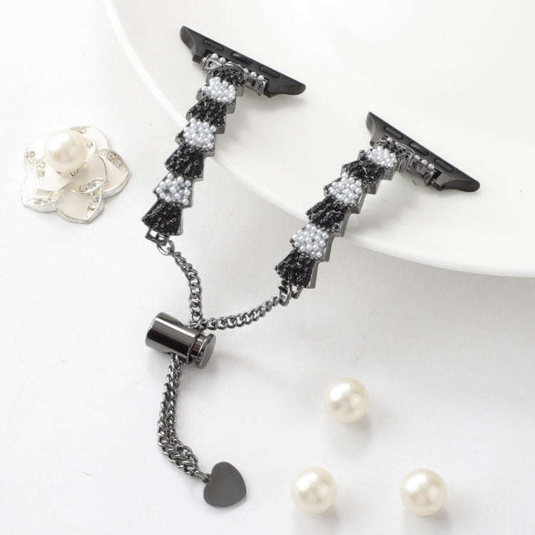 For Apple Watch Series 9 41mm Shell Beads Chain Bracelet Metal Watch Band(Black White)