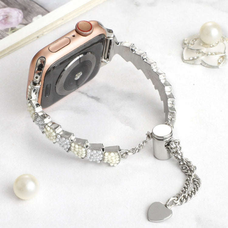 For Apple Watch Series 8 41mm Shell Beads Chain Bracelet Metal Watch Band(Beige White Silver)