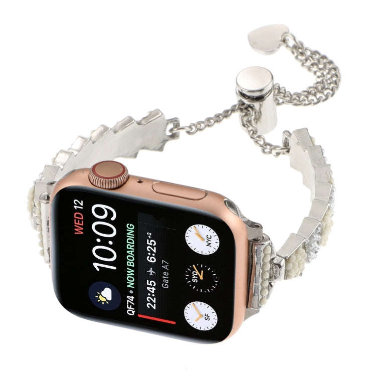 For Apple Watch Series 8 41mm Shell Beads Chain Bracelet Metal Watch Band(Beige White Silver)