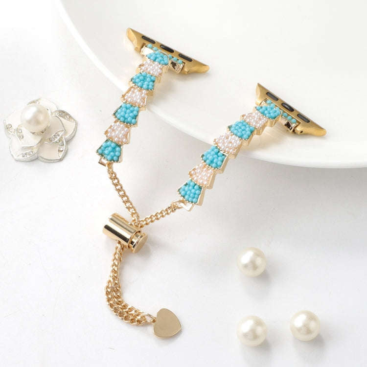 For Apple Watch Series 7 41mm Shell Beads Chain Bracelet Metal Watch Band(Blue White Gold)