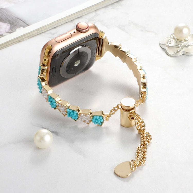 For Apple Watch Series 7 41mm Shell Beads Chain Bracelet Metal Watch Band(Blue White Gold)