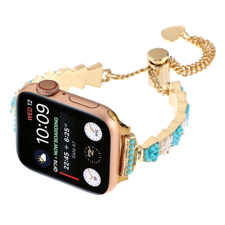 For Apple Watch Series 7 41mm Shell Beads Chain Bracelet Metal Watch Band(Blue White Gold)