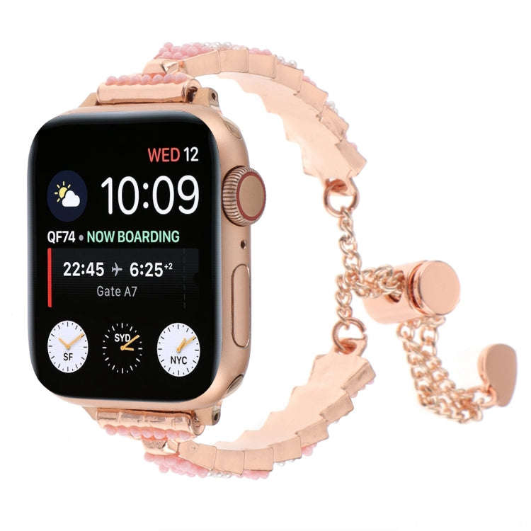 For Apple Watch Series 7 41mm Shell Beads Chain Bracelet Metal Watch Band(Pink White Rose Gold)