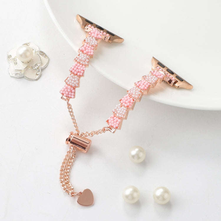 For Apple Watch Series 7 41mm Shell Beads Chain Bracelet Metal Watch Band(Pink White Rose Gold)