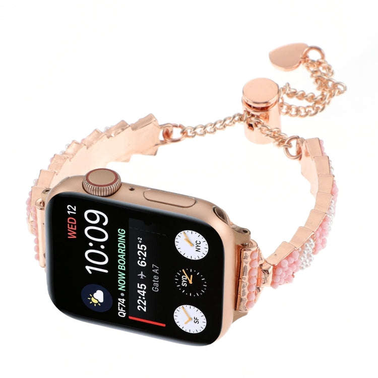 For Apple Watch Series 7 41mm Shell Beads Chain Bracelet Metal Watch Band(Pink White Rose Gold)