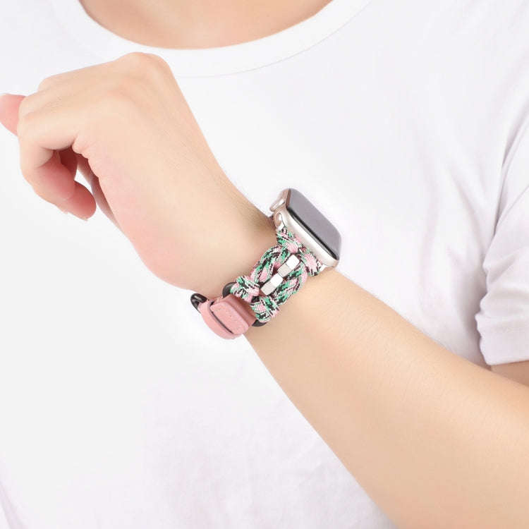 For Apple Watch Ultra 2 49mm Paracord Genuine Leather Watch Band(Pink Camo)