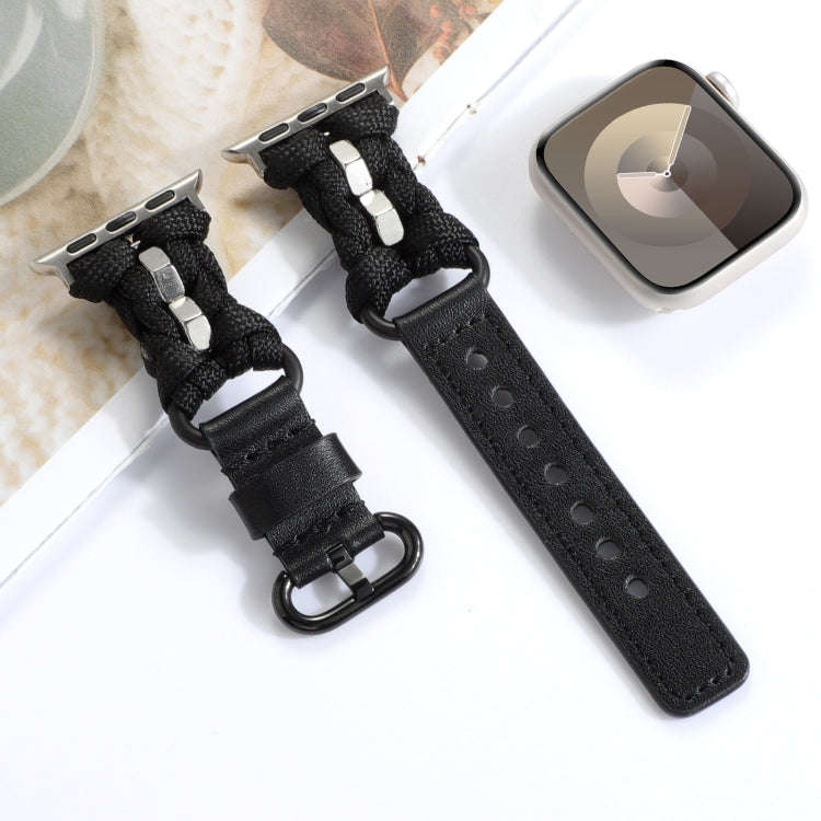 For Apple Watch Ultra 2 49mm Paracord Genuine Leather Watch Band(Black)