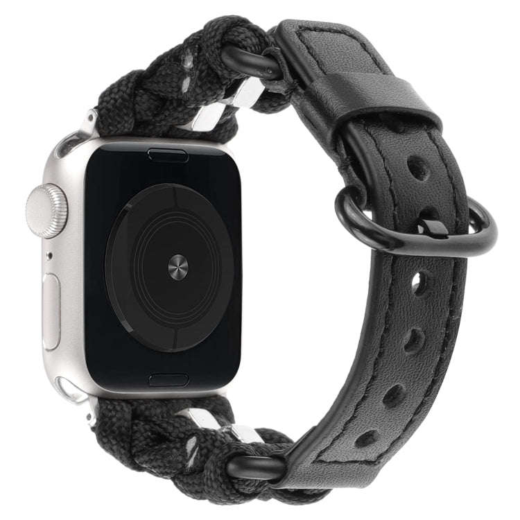 For Apple Watch Ultra 2 49mm Paracord Genuine Leather Watch Band(Black)