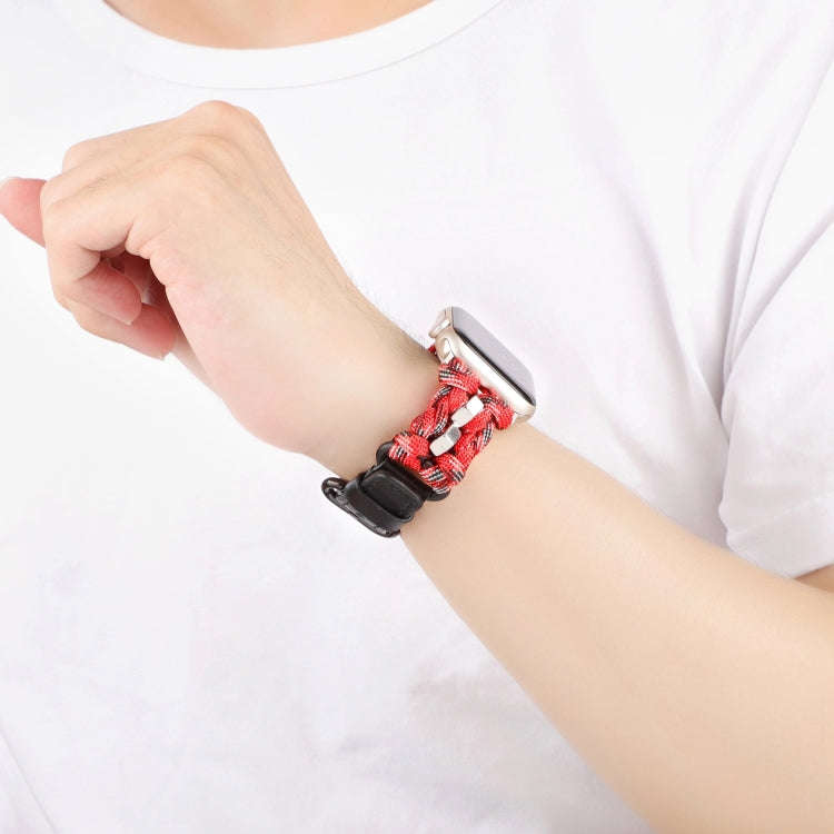 For Apple Watch Series 7 41mm Paracord Genuine Leather Watch Band(Black Red Camo)