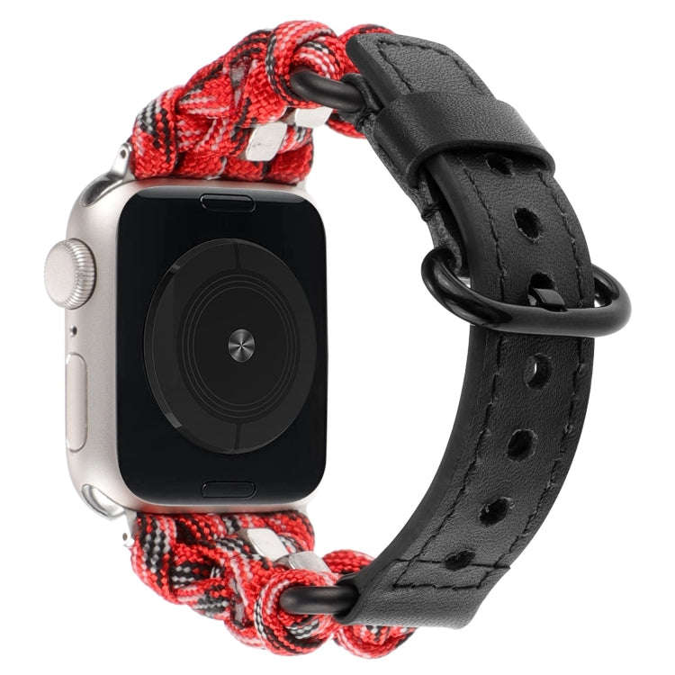 For Apple Watch Series 7 41mm Paracord Genuine Leather Watch Band(Black Red Camo)