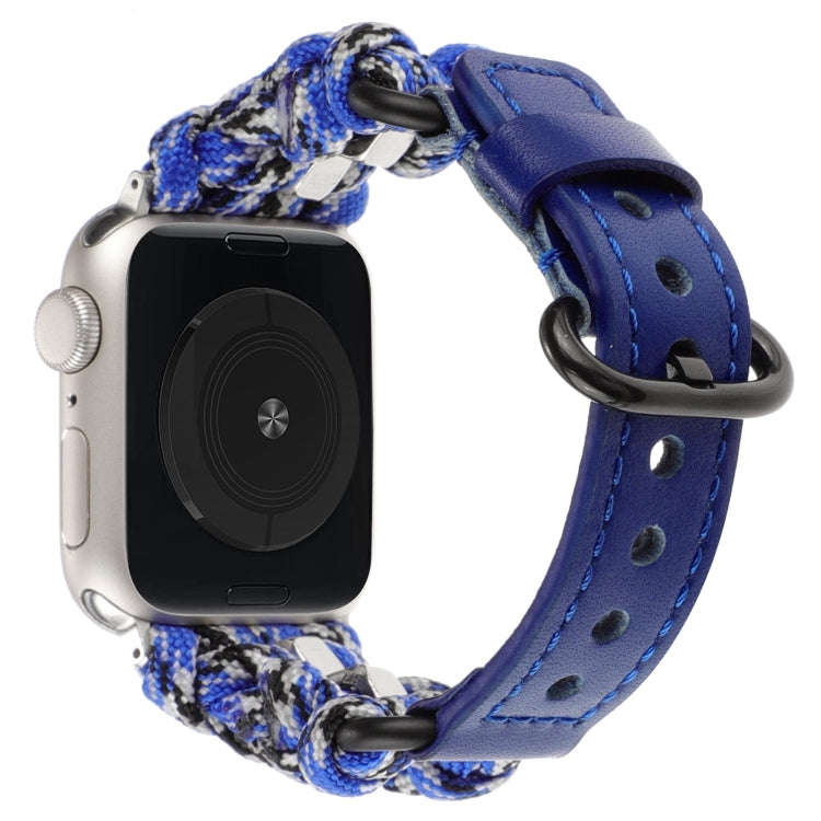 For Apple Watch Series 7 41mm Paracord Genuine Leather Watch Band(Blue Camo)