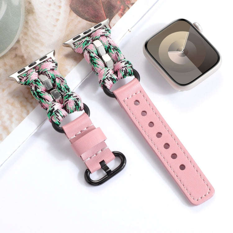 For Apple Watch Series 6 40mm Paracord Genuine Leather Watch Band(Pink Camo)
