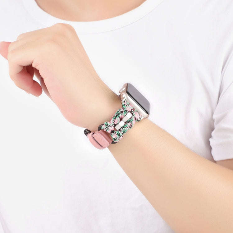 For Apple Watch Series 6 40mm Paracord Genuine Leather Watch Band(Pink Camo)