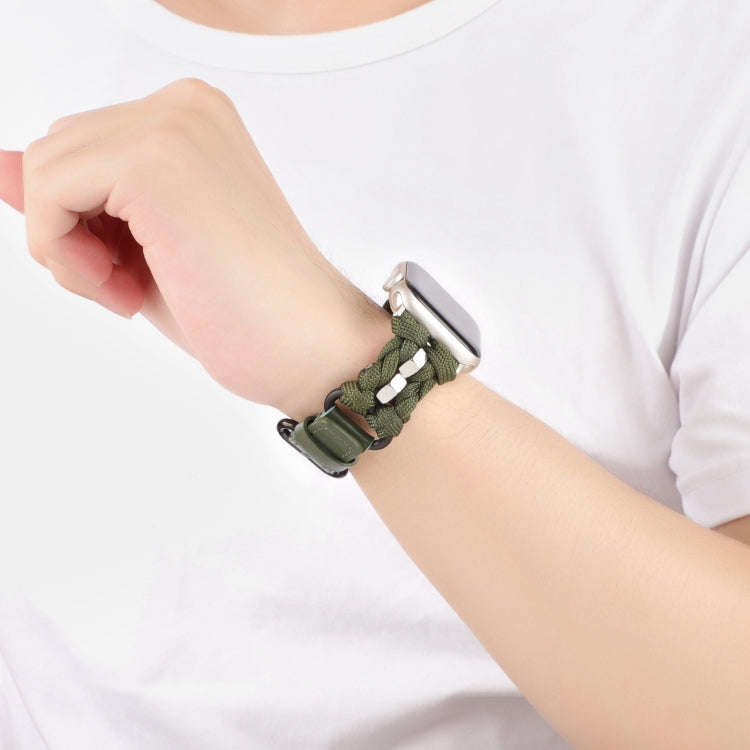 For Apple Watch Series 4 44mm Paracord Genuine Leather Watch Band(Army Green)
