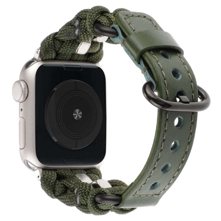 For Apple Watch Series 4 44mm Paracord Genuine Leather Watch Band(Army Green)