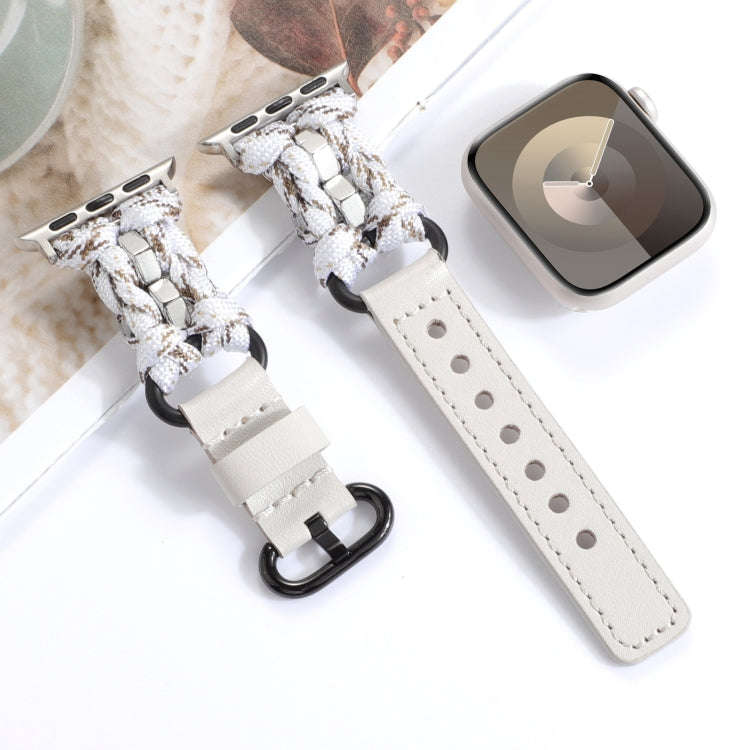 For Apple Watch 42mm Paracord Genuine Leather Watch Band(White Khaki)