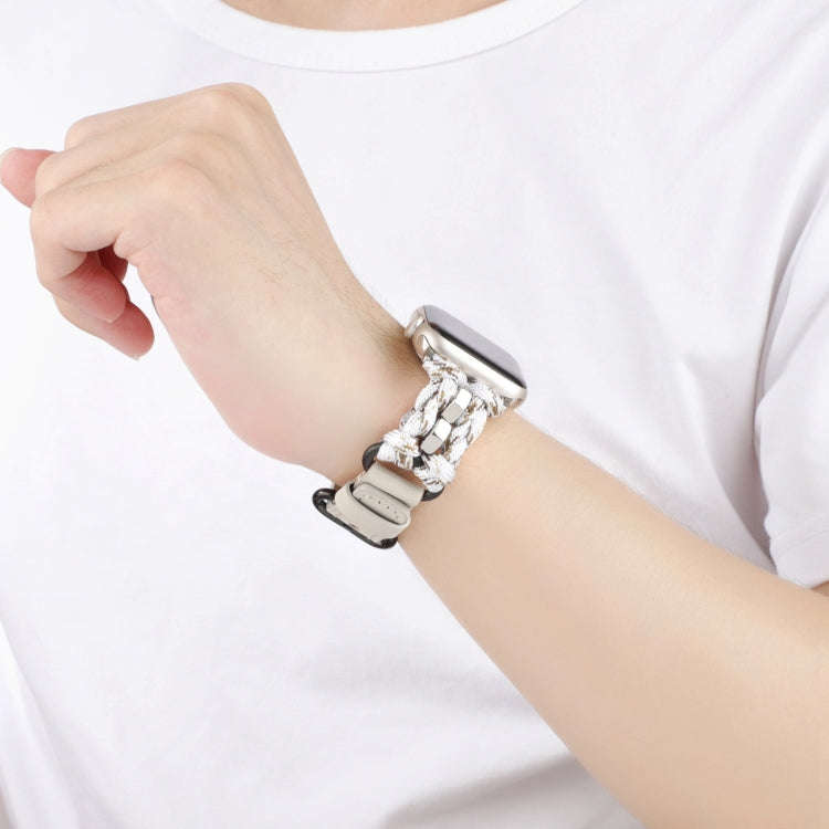 For Apple Watch 42mm Paracord Genuine Leather Watch Band(White Khaki)