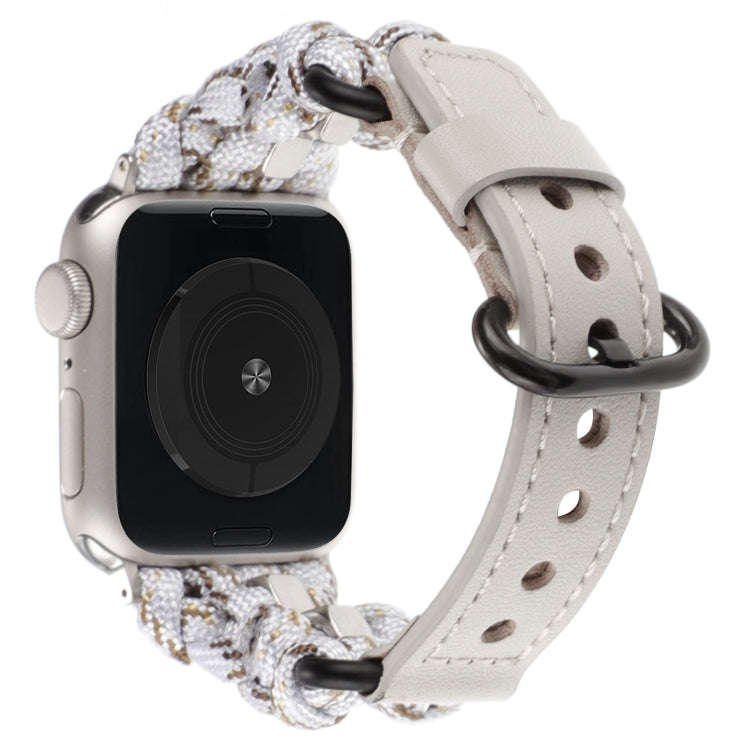For Apple Watch 42mm Paracord Genuine Leather Watch Band(White Khaki)