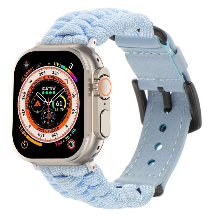 For Apple Watch Ultra 49mm Plain Paracord Genuine Leather Watch Band(Baby Blue)