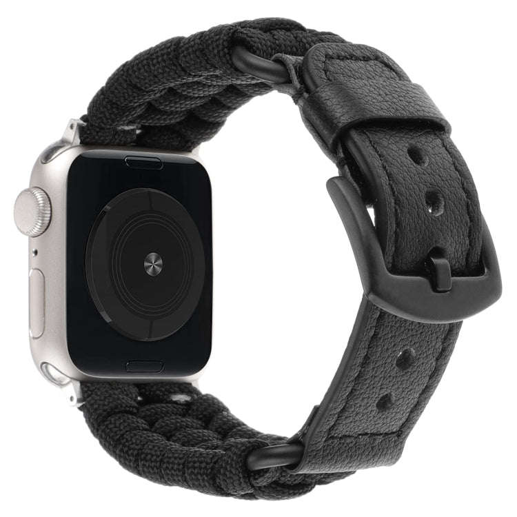 For Apple Watch Series 8 41mm Plain Paracord Genuine Leather Watch Band(Black)