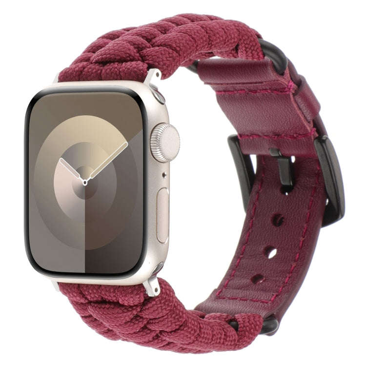 For Apple Watch Series 7 41mm Plain Paracord Genuine Leather Watch Band(Wine Red)