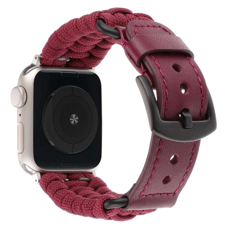 For Apple Watch Series 7 41mm Plain Paracord Genuine Leather Watch Band(Wine Red)