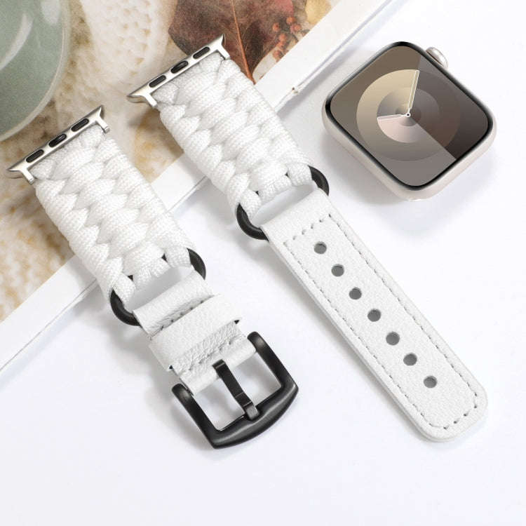 For Apple Watch Series 7 41mm Plain Paracord Genuine Leather Watch Band(White)