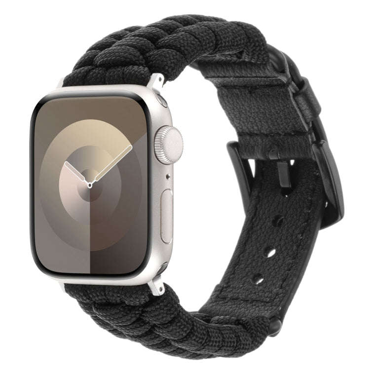 For Apple Watch Series 5 44mm Plain Paracord Genuine Leather Watch Band(Army Green)