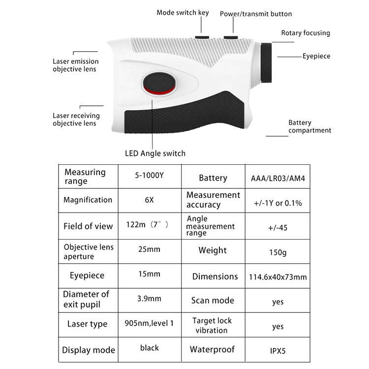 PR165 5-1000 Yards Handheld Laser Rangefinder Telescope
