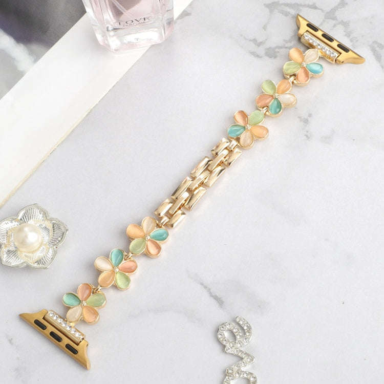 For Apple Watch Series 8 41mm 5-petaled Flower Zinc Alloy Chain Watch Band(Gold Colorful)