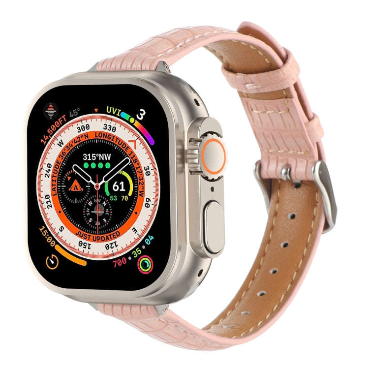 For Apple Watch Ultra 2 49mm Slim Crocodile Leather Watch Band(Pink)