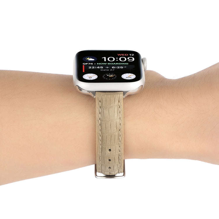 For Apple Watch Series 8 41mm Slim Crocodile Leather Watch Band(Khaki)