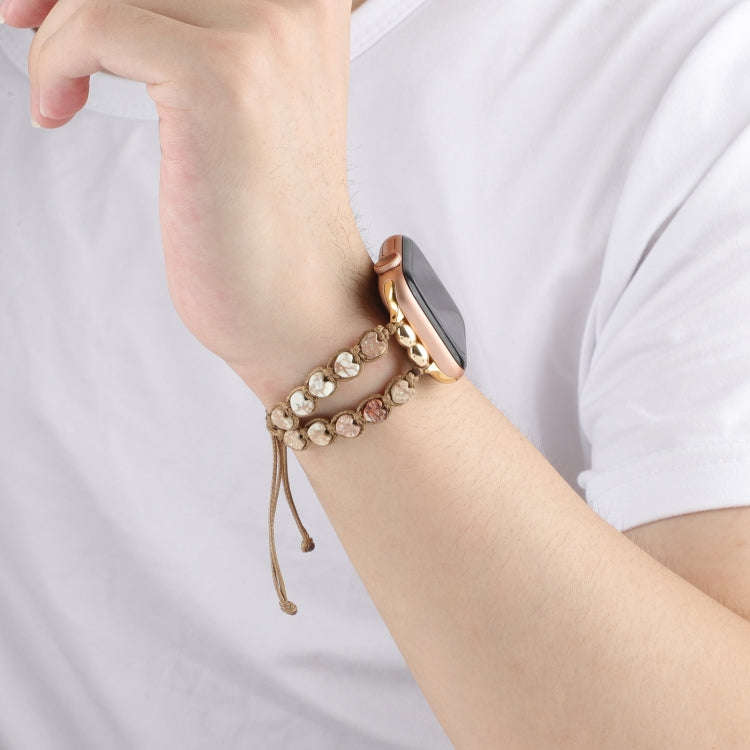 For Apple Watch Series 7 41mm Heart Stones Drawstring Chain Watch Band(White Brown)