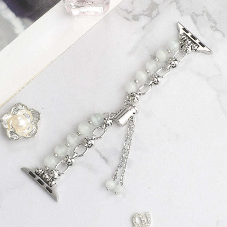 For Apple Watch Series 9 41mm Pearl Chain Metal Bracelet Watch Band(White Silver)