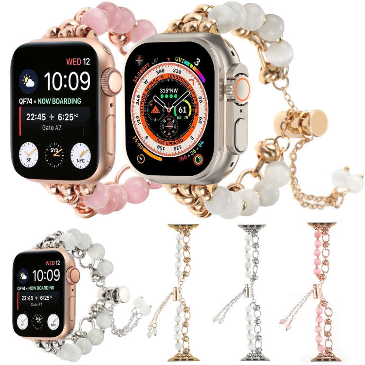 For Apple Watch Series 9 41mm Pearl Chain Metal Bracelet Watch Band(White Silver)