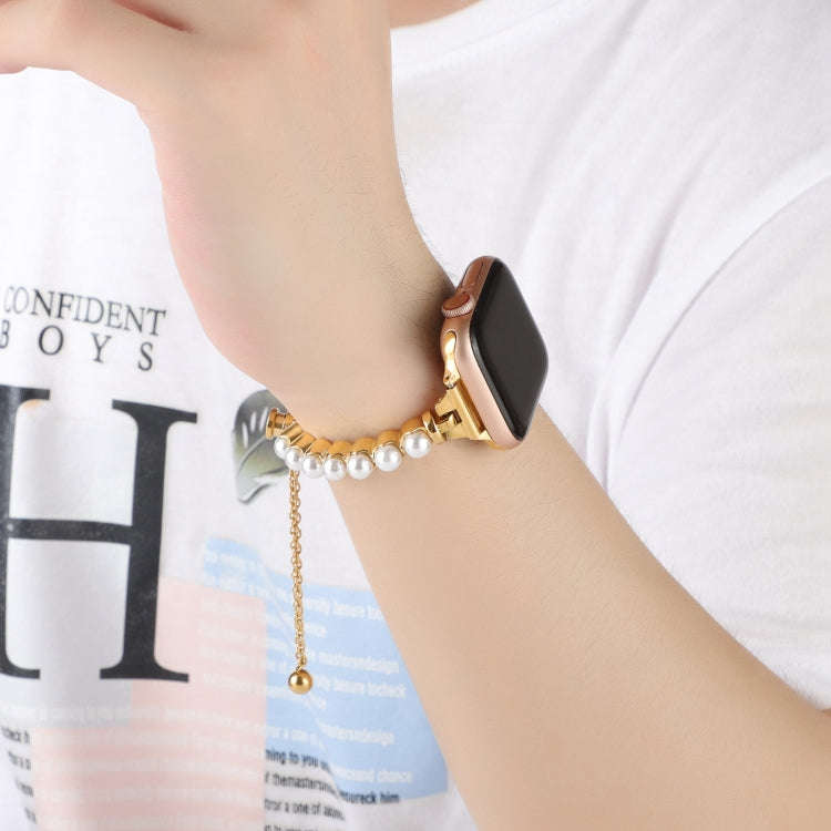 For Apple Watch Series 7 41mm Pearl Bracelet Metal Watch Band(Gold)
