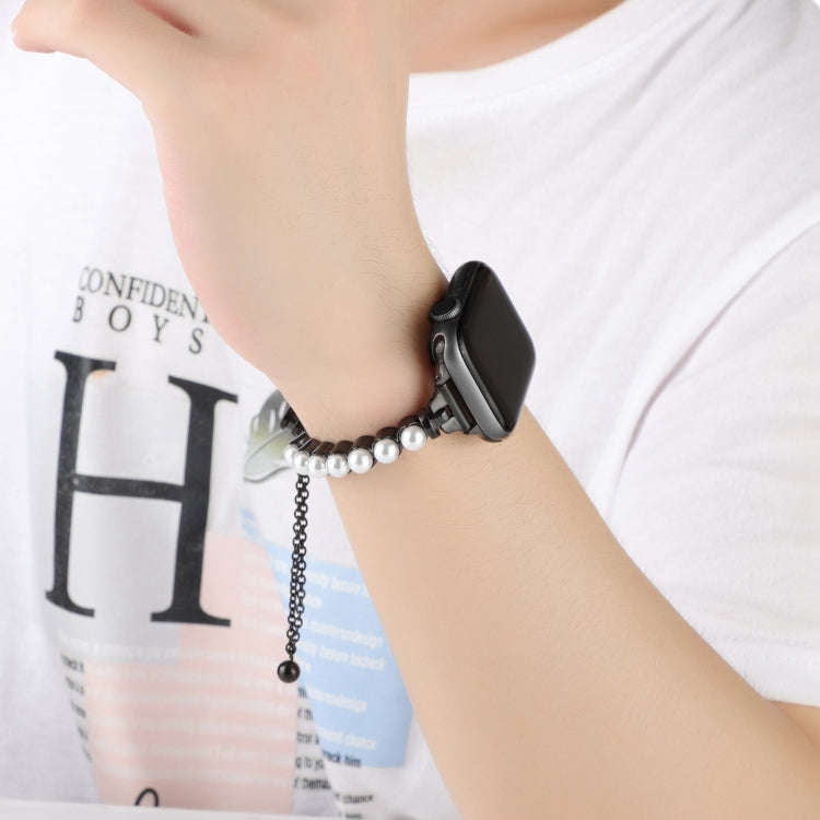 For Apple Watch Series 6 44mm Pearl Bracelet Metal Watch Band(Black)