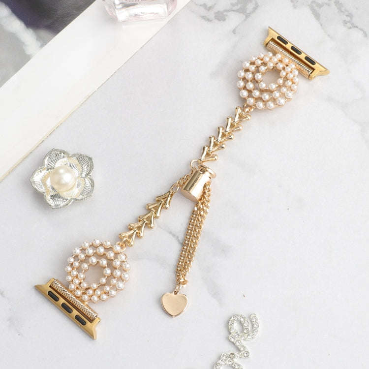 For Apple Watch Series 5 40mm Pearl Round Zinc Alloy Chain Metal Watch Band(Gold)
