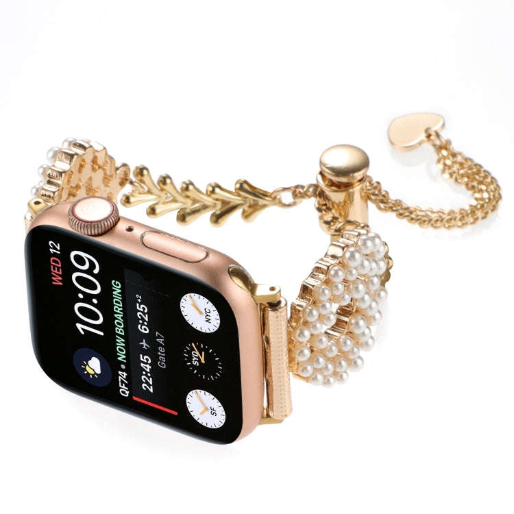 For Apple Watch Series 5 40mm Pearl Round Zinc Alloy Chain Metal Watch Band(Gold)