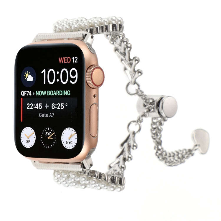 For Apple Watch Series 4 40mm Pearl Round Zinc Alloy Chain Metal Watch Band(Silver)
