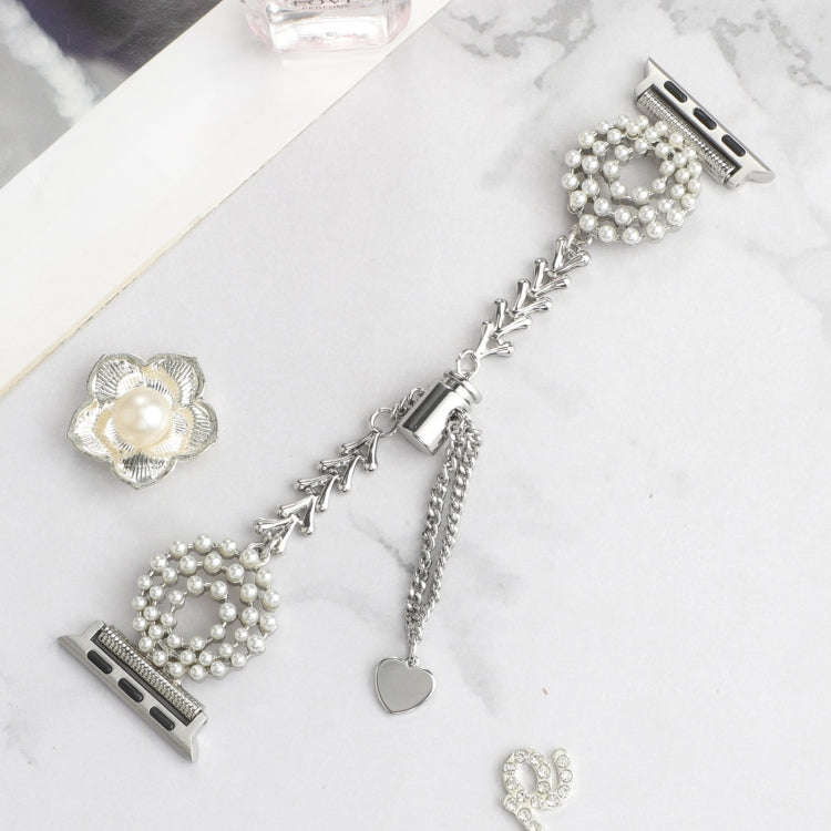 For Apple Watch Series 4 40mm Pearl Round Zinc Alloy Chain Metal Watch Band(Silver)