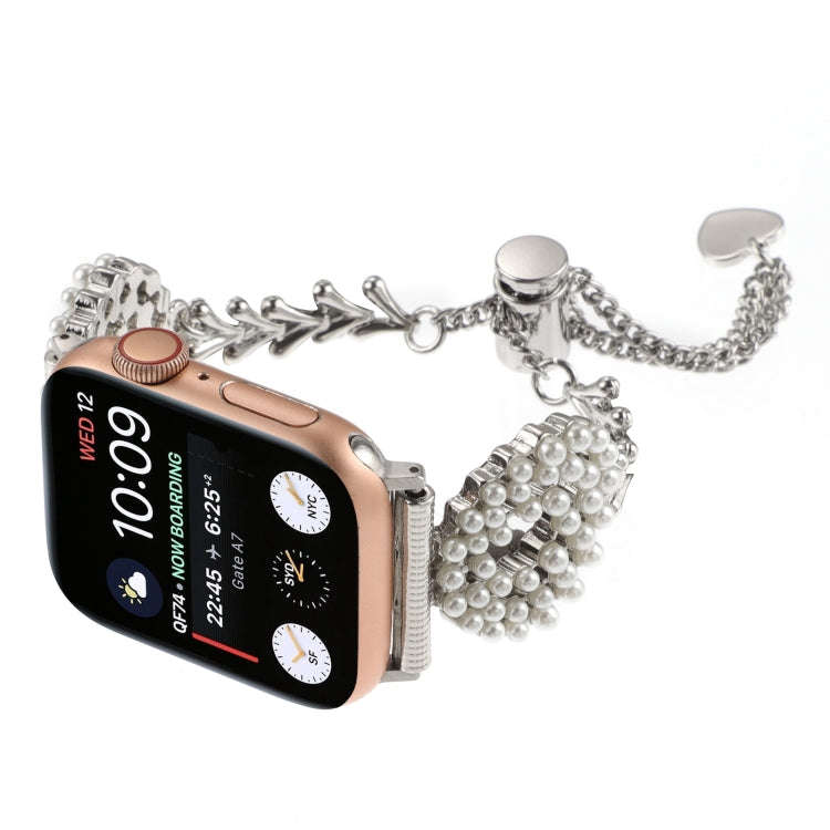 For Apple Watch Series 4 40mm Pearl Round Zinc Alloy Chain Metal Watch Band(Silver)