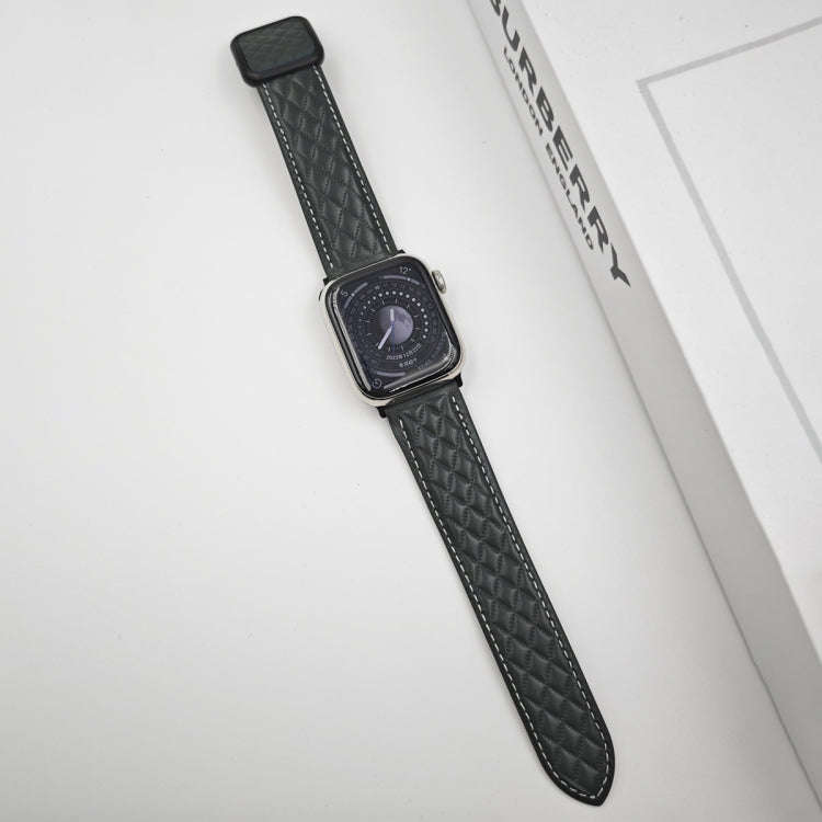For Apple Watch SE 2023 40mm Rhombus Pattern Magnetic Square Buckle Leather Watch Band(Dark Green)